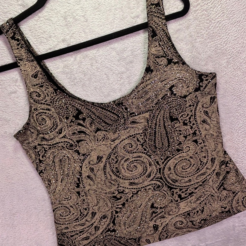 Alex Evenings Women Tank Top LP Black Gold Metallic Paisley Scoop Neck Evening